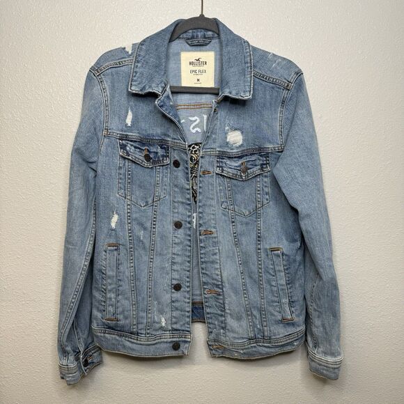 Hollister Embroidered Tiger Denim Distressed Jean Jacket Men's Size M Epic Flex - Picture 2 of 5